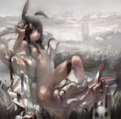 Rule 34 | 1girl, animal ears, breasts, cloud, grass, long hair, nipples, nude, original, pussy, rabbit, rabbit ears, revision, shiratsuyu mone, silver hair, sky, small breasts, solo, uncensored, water