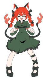Rule 34 | 1girl, :3, :d, ^ ^, absurdres, animal ears, bow, braid, cat ears, cat tail, closed eyes, dress, extra ears, fang, flame-tipped tail, full body, green dress, hair bow, highres, kaenbyou rin, legs apart, long hair, multiple tails, nekomata, one-hour drawing challenge, open mouth, paw pose, red hair, smile, solo, tail, touhou, twin braids, two tails, ukanosaguji