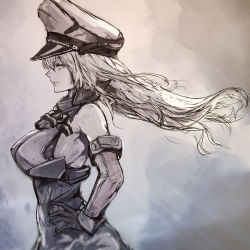 Rule 34 | 1girl, anchor, bare shoulders, bismarck (kancolle), breasts, eyelashes, from side, gloves, hand on own hip, hat, highres, kantai collection, large breasts, lips, long hair, military, military hat, military uniform, nona (goodboy), parted lips, peaked cap, profile, sideboob, simple background, sketch, solo, uniform, very long hair