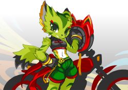 Rule 34 | 1girl, animal ears, breasts, carol tea, cat ears, cat tail, crop top, eyelashes, fingerless gloves, freedom planet, freedom planet 2, furry, galaxytrail, gloves, green eyes, hand on own hip, helmet, looking at viewer, midriff, motor vehicle, motorcycle, navel, official art, scarf, shorts, simple background, smile, smug, standing, tail, thighs, tyson tan, unworn scarf