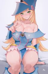 Rule 34 | 1girl, absurdres, arm support, bed, bed sheet, blonde hair, blue dress, blue hat, blue nails, blush, blush stickers, breasts, cleavage, collarbone, dark magician girl, dress, duel monster, green eyes, hair between eyes, hat, highres, kataku musou, large breasts, long hair, looking at viewer, nail polish, off-shoulder dress, off shoulder, pentagram, pink skirt, sitting, skirt, solo, thick thighs, thigh gap, thighs, v, wizard hat, yu-gi-oh!