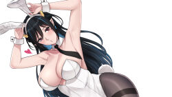Rule 34 | 1girl, animal ears, armpits, arms up, bare arms, black hair, black necktie, black pantyhose, blue hair, blush, breasts, collarbone, commentary request, detached collar, dutch angle, fake animal ears, fake tail, heart, highres, indie virtual youtuber, large breasts, leotard, long hair, multicolored hair, nail polish, necktie, o3o, pantyhose, pink nails, pixela project, playboy bunny, pointy ears, puckered lips, rabbit ears, rabbit tail, red eyes, sidelocks, simple background, solo, streaked hair, tail, thai commentary, umino ciala, virtual youtuber, white background, white leotard, wrist cuffs, xter