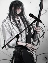 Rule 34 | 1boy, aza touma, barbell piercing, black choker, black hair, black pants, choker, ear piercing, electric guitar, gradient background, guitar, highres, holding, holding instrument, industrial piercing, instrument, jewelry, jigokuraku, long hair, male focus, microphone, microphone stand, mono1010101, multiple rings, pants, piercing, ring, shirt, smile, solo, white shirt