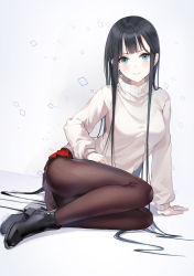 Rule 34 | 1girl, black footwear, black hair, blurry, blush, boots, breasts, brown pantyhose, closed mouth, commentary request, emyo, long hair, long sleeves, looking at viewer, medium breasts, original, pantyhose, pleated skirt, red skirt, sidelocks, skirt, smile, solo, sweater, turtleneck, turtleneck sweater, very long hair, white sweater