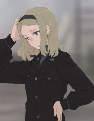 Rule 34 | 1girl, aleksandra i. pokryshkin, arm up, black jacket, blonde hair, blue eyes, blue hairband, blurry, blurry background, brave witches, breast pocket, buttons, closed mouth, expressionless, forehead, hairband, half-closed eyes, hand on own hip, hand on own head, highres, jacket, lapels, long sleeves, medium hair, military, military uniform, parted bangs, pocket, red star, scratching head, shiratama (hockey), sidelocks, solo, star (symbol), uniform, upper body, world witches series