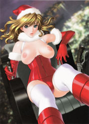 Rule 34 | 1girl, armpits, blonde hair, blue eyes, boots, breasts, christmas, corset, elbow gloves, exhibitionism, flashing, flying, fur (clothing), gloves, hat, highres, knee boots, large breasts, lips, lipstick, long hair, makeup, night, night sky, nipples, outdoors, public indecency, red gloves, sano toshihide, santa costume, santa hat, shiny clothes, sitting, sky, sleigh, solo, thighhighs, topless, wavy hair, white thighhighs