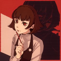 Rule 34 | 1girl, absurdres, braid, brown hair, crown braid, grey shirt, highres, holding, holding pencil, huge filesize, long sleeves, looking at viewer, moshimoshibe, niijima makoto, parted lips, pencil, persona, persona 5, red eyes, shirt, short hair, solo, upper body