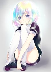 Rule 34 | androgynous, black footwear, black shorts, collared shirt, diamond (houseki no kuni), ech, full body, gender request, highres, houseki no kuni, looking at viewer, multicolored eyes, multicolored hair, shirt, shoes, short hair, short sleeves, shorts, simple background, sitting, smile, thighhighs, uniform, white thighhighs