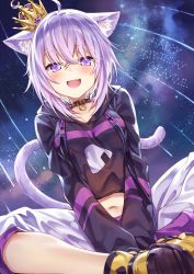 Rule 34 | 1girl, animal ear fluff, animal ears, asymmetrical legwear, breasts, cat ears, cat tail, choker, collarbone, commentary request, crossed bangs, crown, english text, fang, hair between eyes, happy birthday, highres, hololive, hood, hoodie, indian style, ks (xephyrks), long sleeves, looking at viewer, midriff, mini crown, navel, nekomata okayu, nekomata okayu (1st costume), open mouth, pants, purple eyes, purple hair, short hair, sitting, sky, small breasts, smile, solo, star (sky), starry sky, tail, uneven legwear, virtual youtuber