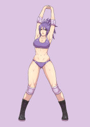 Rule 34 | 1girl, absurdres, armpits, arms up, black footwear, boots, bra, breasts, character request, cirenk, cleavage, commission, copyright request, full body, highres, large breasts, panties, purple background, purple bra, purple eyes, purple hair, purple panties, short hair, simple background, solo, sports bra, swept bangs, thick thighs, thighs, underwear