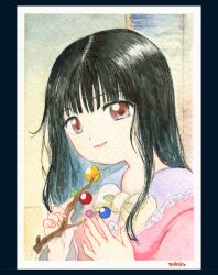 Rule 34 | 1girl, black hair, bow, bowtie, branch, fingernails, hands up, holding, holding branch, houraisan kaguya, jeweled branch of hourai, long hair, medinki, painting (medium), pink eyes, smile, solo, touhou, traditional media, upper body, watercolor (medium), yellow bow, yellow bowtie