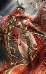 Rule 34 | 1girl, amputee, banned artist, blade, breasts, cape, covered eyes, curvy, elden ring, helmet, holding, holding sword, holding weapon, katana, long hair, malenia blade of miquella, malenia goddess of rot, mechanical arms, prosthesis, prosthetic arm, prosthetic leg, red cape, red hair, sakimichan, single mechanical arm, solo, sword, triple amputee, very long hair, weapon, winged helmet, wings