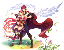 Rule 34 | 1boy, 1girl, absurdly long hair, armored boots, armpits, bikini, bikini top only, black thighhighs, blue eyes, boots, breasts, character request, city forest online, clothing cutout, cover image, detached wings, feathered wings, flower, full body, gloves, gradient hair, grass, highres, holding, holding weapon, horns, knee boots, large breasts, leaf, legs, light particles, long hair, looking at viewer, microskirt, motion lines, multicolored hair, navel, navel cutout, official art, open mouth, orange hair, outdoors, purple bikini, purple skirt, red footwear, red hair, reverse grip, sidelocks, skirt, standing, standing on one leg, stomach, swimsuit, teeth, textless version, thighhighs, thighhighs under boots, underboob, upper teeth only, vambraces, very long hair, vr eroge yattetara isekai ni tensei shita no de bishoujo maou wo doreika suru ~cross out saber~, weapon, white background, white wings, wind, wings