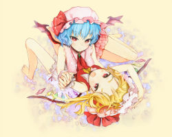 Rule 34 | 2girls, :/, :d, adapted costume, ako (clover01), arm up, bare legs, bare shoulders, barefoot, blonde hair, blue hair, breasts, face, feet, female focus, fingernails, flandre scarlet, forehead, hat, holding hands, long fingernails, looking at viewer, multiple girls, open mouth, red eyes, remilia scarlet, siblings, sisters, smile, touhou, tsurime, wings