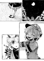 Rule 34 | 2girls, antennae, closed eyes, comic, commentary request, dress, eternity larva, fairy, grass, greyscale, hat, hat ornament, itomugi-kun, leaf, leaf on head, miyako yoshika, monochrome, moon, multiple girls, night, night sky, open mouth, outdoors, outstretched arms, ribbon, shirt, short hair, skirt, sky, star (sky), star (symbol), star hat ornament, starry sky, touhou, tree