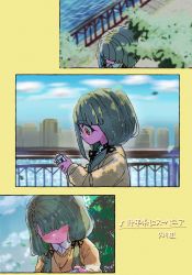 Rule 34 | 1girl, alternate hair color, black ribbon, blue sky, braid, building, city, closed mouth, cloud, collared shirt, day, green hair, hair ribbon, highres, hisakawa nagi, idolmaster, idolmaster cinderella girls, jewelry, long hair, long sleeves, low twintails, musical note, necklace, notice lines, orange eyes, outdoors, ribbon, sasaki rindou, shirt, sky, skyscraper, sleeves past wrists, smile, split mouth, twintails, water, white shirt