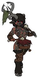 Rule 34 | 1girl, animal ears, bandaged arm, bandaged leg, bandages, bare shoulders, black hair, bodypaint, bone, breasts, collar, concept art, darkest dungeon, drum, drumsticks, flag, full body, fur, furry, furry female, goat ears, goat girl, goat horns, goat legs, hooves, horns, instrument, large breasts, loincloth, medium hair, monster girl, music, no bra, playing instrument, red eyes, solo, standing, strap, topless, transparent background, xelsword