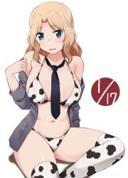 Rule 34 | 1girl, animal print, bikini, bikini under clothes, black necktie, blazer, blonde hair, blue eyes, clothes pull, commentary, cow print, dated, girls und panzer, grey jacket, hair intakes, jacket, jacket pull, katatsuka kouji, kay (girls und panzer), light blush, long hair, long sleeves, looking at viewer, navel, necktie, off shoulder, open clothes, open jacket, open mouth, print bikini, print thighhighs, saunders school uniform, school uniform, simple background, sitting, sleeves rolled up, smile, solo, swimsuit, thighhighs, white background, white bikini, white thighhighs