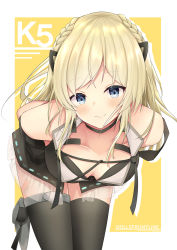 Rule 34 | 1girl, absurdres, aratake, arms behind back, bare shoulders, black dress, black thighhighs, blonde hair, blue eyes, blush, border, braid, breasts, character name, closed mouth, collarbone, commentary, copyright name, dress, feet out of frame, girls&#039; frontline, highres, k5 (girls&#039; frontline), leaning forward, lips, long hair, looking at viewer, medium breasts, simple background, smile, solo, standing, thighhighs, white border