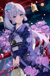Rule 34 | 1girl, absurdres, alternate costume, ayaka (genshin impact), bag, blue eyes, blue kimono, blunt tresses, cherry blossoms, full moon, genshin impact, hair ornament, high ponytail, highres, holding, holding bag, japanese clothes, kimono, lantern, blue background, looking at viewer, moon, night, night sky, paper lantern, rererere mon, sky, smile, solo, teeth