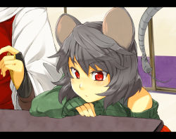 Rule 34 | 2girls, animal ears, bare shoulders, blush, bridal gauntlets, close-up, female focus, grey hair, letterboxed, md5 mismatch, mouse (animal), mouse ears, mouse tail, multiple girls, nazrin, red eyes, short hair, sweatdrop, sweater, tail, toramaru shou, touhou, tsukinami kousuke