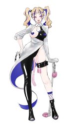 Rule 34 | 1girl, asymmetrical footwear, asymmetrical sleeves, belt, black bodysuit, black footwear, blonde hair, blue hair, blue socks, blush, bodysuit, boots, breasts, bright pupils, cat girl, cat tail, chain, contrapposto, controller, cuffs, earrings, female focus, fishnet socks, fishnets, forehead, full body, groin, hair tie, half-closed eyes, hand on own hip, happy, heart pasties, high-waist skirt, highres, holding, holding gag, jewelry, legs apart, long hair, long sleeves, looking at viewer, medium breasts, multicolored hair, multiple earrings, necktie, open mouth, original, pasties, pink eyes, pussy juice, remote control, remote control vibrator, revealing clothes, sex toy, shackles, shiny clothes, short necktie, shrug (clothing), simple background, single sock, sketch, skindentation, skirt, smile, socks, solo, spreader bar, standing, straight-on, streaked hair, tail, teeth, thigh strap, toeless footwear, tongue, tongue out, twintails, two-sided fabric, two-sided skirt, two-tone hair, uneven footwear, uneven sleeves, unknownyasha, v-shaped eyebrows, vibrator, vibrator cord, vibrator under clothes, white background, white necktie, white pupils, white skirt
