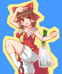 Rule 34 | 1girl, :d, arm up, ascot, bag, bloomers, blue background, blush, bow, breasts, brown eyes, brown footwear, brown hair, clenched hand, collared shirt, commentary request, cookie (touhou), foot out of frame, frilled bow, frilled hair tubes, frilled shirt collar, frills, hair bow, hair tubes, hakurei reimu, highres, holding, holding bag, kanna (cookie), large breasts, leg up, long hair, looking afar, looking to the side, medium bangs, open mouth, plastic bag, red bow, red shirt, red skirt, sandals, shirt, showgirl skirt, sideboob, sidelocks, simple background, skirt, skirt set, sleeveless, sleeveless shirt, smile, socks, solo, spring onion, touhou, tsukuru hajime, underwear, v-shaped eyebrows, white bloomers, white socks, yellow ascot