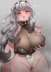 Rule 34 | 1girl, :q, bandaged head, bandages, bare shoulders, blush, bodystocking, breast hold, breasts, cleavage, da3iann, gluteal fold, goddess of victory: nikke, grey hair, hair ribbon, heart, highleg, highleg leotard, huge breasts, leotard, long hair, looking at viewer, modernia (nikke), red eyes, ribbon, see-through, see-through cleavage, sidelocks, solo, steaming body, sweat, thighs, tongue, tongue out, white leotard, wide hips, yellow ribbon