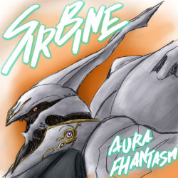 Rule 34 | aura battler dunbine tale of the neo byston well, character name, fantasy, highres, horns, kappa yoshimi, looking at viewer, mecha, no humans, orange background, pink eyes, profile, robot, seisenshi dunbine, seisenshi dunbine: new story of aura battler dunbine, single horn, sirbine, solo