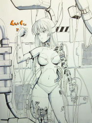 Rule 34 | 1girl, android, breasts, cable, clenched hand, damaged, expressionless, highres, kashiyuki, mechanical parts, monochrome, navel, short hair, small breasts, solo, sound effects, spot color, translation request, tube