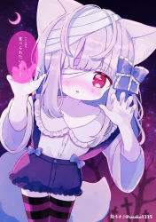 Rule 34 | 1girl, :o, absurdres, ame usako, bandaged head, bandages, bandages over eyes, bare tree, blue bow, blue nails, blue shorts, blush, bow, claw pose, collarbone, collared shirt, crescent moon, dress shirt, fingernails, frilled bow, frilled shirt collar, frilled shorts, frills, hair bow, halloween, hands up, heart, highres, long fingernails, looking at viewer, moon, nail polish, original, parted lips, red eyes, sharp fingernails, shirt, short shorts, short sleeves, shorts, silver hair, skirt, solo, striped clothes, striped thighhighs, suspender skirt, suspenders, thighhighs, translation request, tree, white shirt, wide sleeves