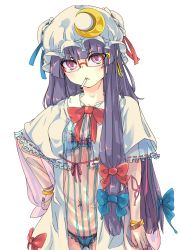 Rule 34 | 1girl, arm at side, bespectacled, blue bow, blue bra, blue panties, blue ribbon, blunt bangs, bow, bow bra, bow panties, bra, bracelet, capelet, cigarette, cowboy shot, crescent, crescent hair ornament, dress, earrings, glasses, hair bow, hair ornament, hairpin, hat, hat ribbon, highres, hoop earrings, jewelry, lace, lace-trimmed bra, lace-trimmed panties, lace trim, long hair, looking at viewer, mob cap, nail polish, navel, navel piercing, panties, patchouli knowledge, piercing, purple eyes, purple hair, red-framed eyewear, red bow, red nails, red ribbon, ribbon, ribbon trim, see-through, solo, striped clothes, striped dress, touhou, transparent background, underwear, very long hair, white hat, woruta (soloistlist)