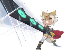 Rule 34 | absurdres, animal ears, beleven, blonde hair, boots, camisole, cloak, coyote (kemono friends), extra ears, gloves, hair ornament, highres, jacket, kemono friends, kemono friends v project, parody, short hair, skirt, sunrise stance, sword, tail, thighhighs, virtual youtuber, weapon, wolf ears, wolf girl, wolf tail, yellow eyes