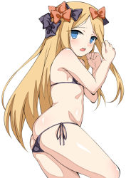 Rule 34 | 1girl, abigail williams (fate), arm up, ass, bare arms, bare shoulders, bikini, black bikini, black bow, blonde hair, blue eyes, blush, bow, commentary request, fate/grand order, fate (series), hair bow, hand up, long hair, micro bikini, open mouth, orange bow, parted bangs, side-tie bikini bottom, simple background, solo, swimsuit, toshishikisai, very long hair, white background