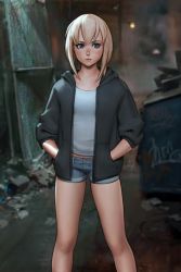 Rule 34 | 1girl, absurdres, alley, blue eyes, blurry, borrowed character, commentary, denim, denim shorts, depth of field, dumpster, flat chest, hands in pockets, highres, hood, hoodie, huge filesize, lamppost, luimiart, night, original, platinum blonde hair, short hair with long locks, short shorts, shorts, solo, standing, tomboy