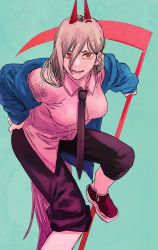 Rule 34 | 1girl, black pants, blue jacket, breasts, chainsaw man, cleaned, collared shirt, cover, cover page, fang, fangs, fujimoto tatsuki, green background, hair between eyes, highres, horns, jacket, long hair, long sleeves, manga cover, necktie, official art, open mouth, pants, pink hair, pink shirt, power (chainsaw man), red eyes, scythe, sharp teeth, shirt, sleeves past elbows, smile, solo, teeth, unusual pupils, very long hair, volume cover, weapon