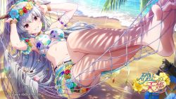 Rule 34 | 1girl, armlet, armpits, arms up, artist request, beach, bikini, blush, bracelet, breasts, conch, copyright notice, crossed legs, feet, flower, flower wreath, foot out of frame, foreshortening, frilled bikini, frills, hammock, head wreath, highres, idoly pride, jewelry, legs, lens flare, light rays, logo, long hair, looking at viewer, lying, medium breasts, official art, on back, purple eyes, seashell, shadow, shell, shiny skin, sidelocks, silver hair, smile, soles, solo, starfish, sunlight, swimsuit, teeth, tendou rui, thigh strap, thighs, toes, wreath