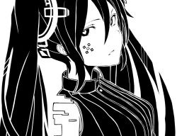 Rule 34 | 1girl, bare shoulders, digital dissolve, facial mark, greyscale, hair between eyes, hair ornament, hatsune miku, hatsune miku (append), heart, heart-shaped pupils, long hair, looking at viewer, monochrome, parted lips, shirt, sleeveless, solo, striped clothes, striped shirt, symbol-shaped pupils, tsunotsuki (uguisu maccha), twintails, very long hair, vocaloid, vocaloid append