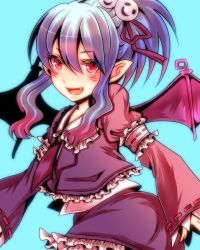 Rule 34 | 1girl, :d, alwen du moonbria, bad id, bad pixiv id, bat wings, blue background, dress, fang, hair ornament, open mouth, pointy ears, purple hair, red eyes, shisei (kyuushoku banchou), simple background, sleeves past wrists, smile, solo, wings, zwei!!, zwei 2