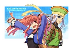 Rule 34 | 1boy, 1girl, blue eyes, closed mouth, dewprism, hat, long hair, long sleeves, looking at viewer, mint (dewprism), open mouth, red eyes, red hair, rue (dewprism), silver hair, smile, twintails