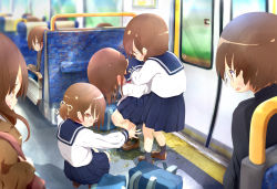 Rule 34 | 22m, 2boys, 4girls, bag, black footwear, black jacket, blue sailor collar, blue skirt, breath, brown coat, brown eyes, brown footwear, brown hair, chair, coat, day, door, embarrassed, from behind, full body, hair ribbon, highres, jacket, leaning forward, long hair, long sleeves, looking at another, looking back, looking down, matching hair/eyes, miniskirt, multiple boys, multiple girls, neckerchief, open mouth, original, outstretched arms, pee, peeing, peeing self, pleated skirt, puddle, red neckerchief, ribbon, sailor collar, school uniform, serafuku, shirt, shoes, short hair, short twintails, sideways mouth, skirt, socks, squatting, standing, surprised, sweat, train interior, twintails, wet, wet clothes, white shirt, window, yellow ribbon