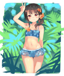Rule 34 | 1girl, arm up, armpits, bikini, blue bikini, blush, breasts, brown hair, closed mouth, commentary request, cowboy shot, day, floral print, flower, garun wattanawessako, hair between eyes, hair flower, hair ornament, leaf, long hair, looking at viewer, navel, original, outdoors, ponytail, red eyes, side ponytail, small breasts, smile, solo, standing, stomach, swimsuit, thighs, tree, v