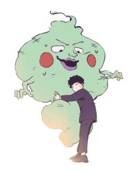 Rule 34 | 1boy, alternate size, black hair, black pants, blush stickers, bowl cut, closed eyes, ekubo (mob psycho 100), felixnosal, full body, gakuran, happy, hitodama, hug, kageyama shigeo, long sleeves, looking at another, looking away, male focus, mob psycho 100, no mouth, outstretched arm, pants, school uniform, shoes, short hair, simple background, size difference, standing, sweat, white background