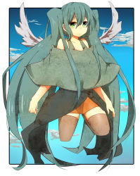 Rule 34 | 1girl, :&lt;, aqua hair, bad hands, bad id, bad pixiv id, bare shoulders, border, brown thighhighs, day, expressionless, flying, green eyes, hatsune miku, highres, ka rura, long hair, long skirt, looking at viewer, nanameueiku, outside border, poncho, skirt, sky, solo, symbol-shaped pupils, thighhighs, twintails, very long hair, vocaloid, wings, zettai ryouiki
