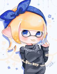 Rule 34 | 1girl, :p, arm behind back, black sweater, blonde hair, blue bow, blue eyes, blue hairband, blush, bow, bow hairband, breasts, closed mouth, commentary request, hair bow, hairband, highres, inkling, inkling girl, inkling player character, medium breasts, medium hair, nintendo, pointy ears, solo, splatoon (series), standing, sweater, tentacle hair, tongue, tongue out, translation request, una ku 277, white background