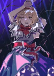 Rule 34 | 1girl, alice margatroid, arms up, blonde hair, blue dress, cape, dress, hair between eyes, hands up, highres, looking at viewer, one-hour drawing challenge, open mouth, shi chimi, short hair, solo, standing, teeth, touhou, white cape