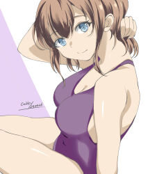 Rule 34 | 1girl, alternate costume, artist logo, blue eyes, breasts, brown hair, casual one-piece swimsuit, covered navel, cowboy shot, dated, gakky, highres, intrepid (kancolle), kantai collection, large breasts, one-hour drawing challenge, one-piece swimsuit, purple one-piece swimsuit, short hair, solo, swimsuit