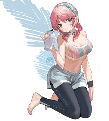 Rule 34 | 1girl, arknights, barefoot, black pants, blue choker, blue eyes, blue poison (arknights), blue poison (shoal beat) (arknights), blue shorts, bottle, breasts, choker, cleavage, head tilt, highres, holding, holding bottle, kneeling, large breasts, looking at viewer, midriff, navel, official alternate costume, pants, pants under shorts, pink hair, pink sports bra, pinky out, prossss, short hair, short shorts, shorts, signature, smile, solo, sports bra, sweat, sweatband, water bottle, wristband