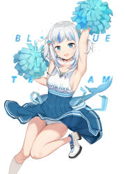 Rule 34 | 1girl, :d, alternate costume, arm up, armpit crease, armpits, blue eyes, blue hair, blue ribbon, blue skirt, breasts, cheerleader, collared shirt, commentary, copyright name, english commentary, english text, fins, fish tail, flying sweatdrops, gawr gura, grey hair, hair ornament, heart, highres, hololive, hololive english, kneehighs, leg up, legs folded, looking at viewer, low-cut armhole, multicolored hair, open mouth, panties, pantyshot, platform sneakers, pleated skirt, pom pom (cheerleading), ribbon, shark girl, shark hair ornament, shark tail, shirt, shishi27319560, sideboob, skirt, sleeveless, sleeveless shirt, small breasts, smile, socks, solo, streaked hair, striped ribbon, tail, two side up, underwear, virtual youtuber, white background, white footwear, white panties, white shirt, white socks