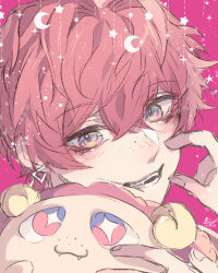 Rule 34 | 1boy, absurdres, akazumii, ashu yuuta, b-project, crescent, earrings, freckles, highres, holding, holding stuffed toy, jewelry, looking at viewer, male focus, open mouth, pink background, pink hair, purple eyes, short hair, signature, smile, solo, star (symbol), stuffed animal, stuffed sheep, stuffed toy, teeth